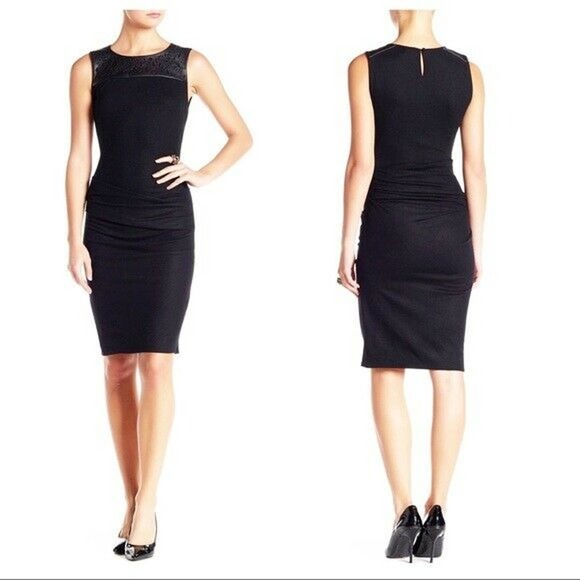 Halston Heritage Sheath Dress Leather Cutout Wool - Picture 8 of 9